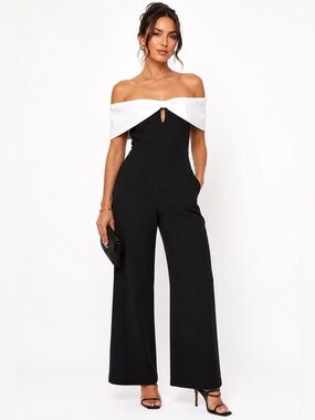 AVEC LES FILLES Off Shoulder Wide Leg Jumpsuit Black White 14 Evening Cocktail